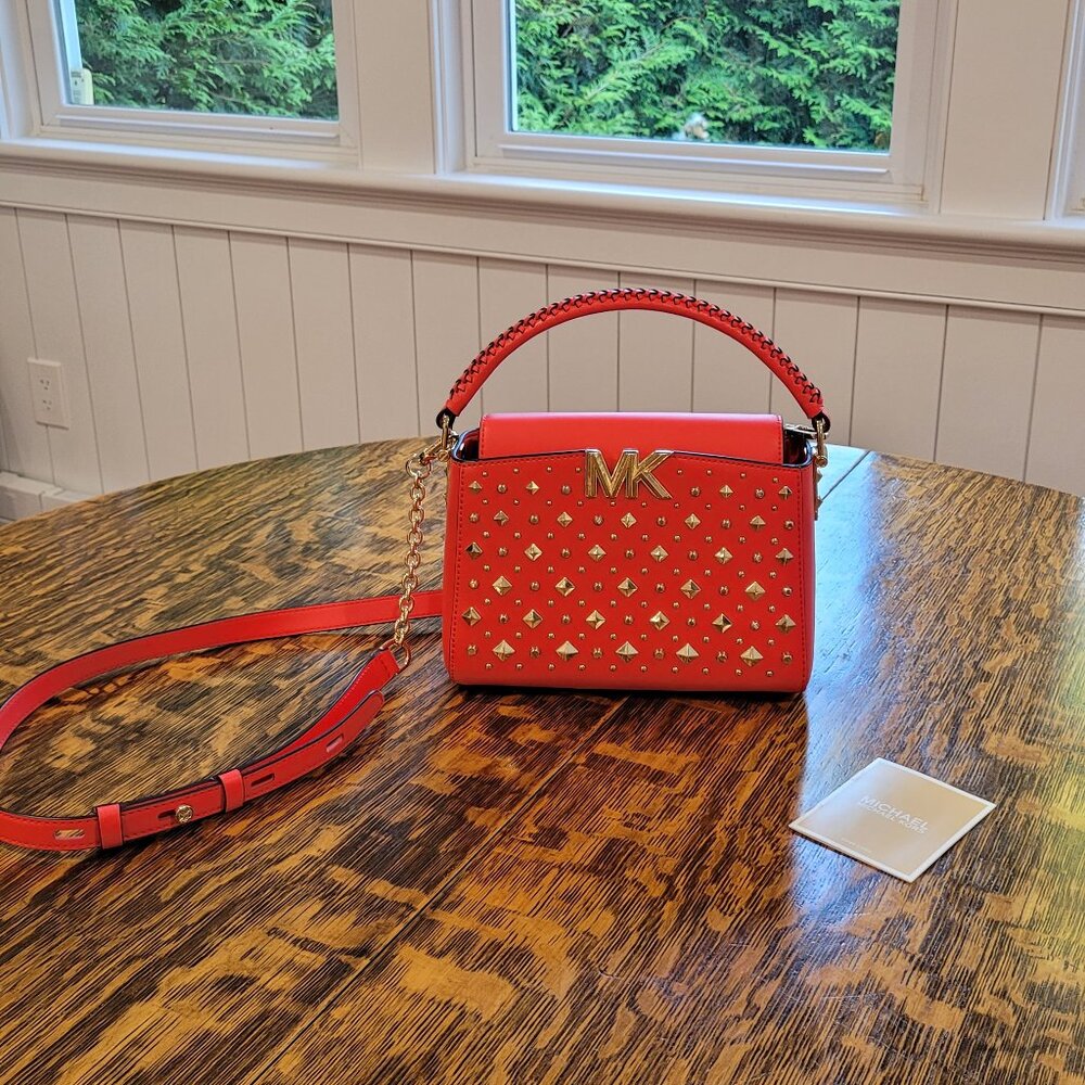 NWOT Michael Kors Gold Studded Crossbody Bag. Red. Gold Chain. Removable Strap. - Picture 2 of 16